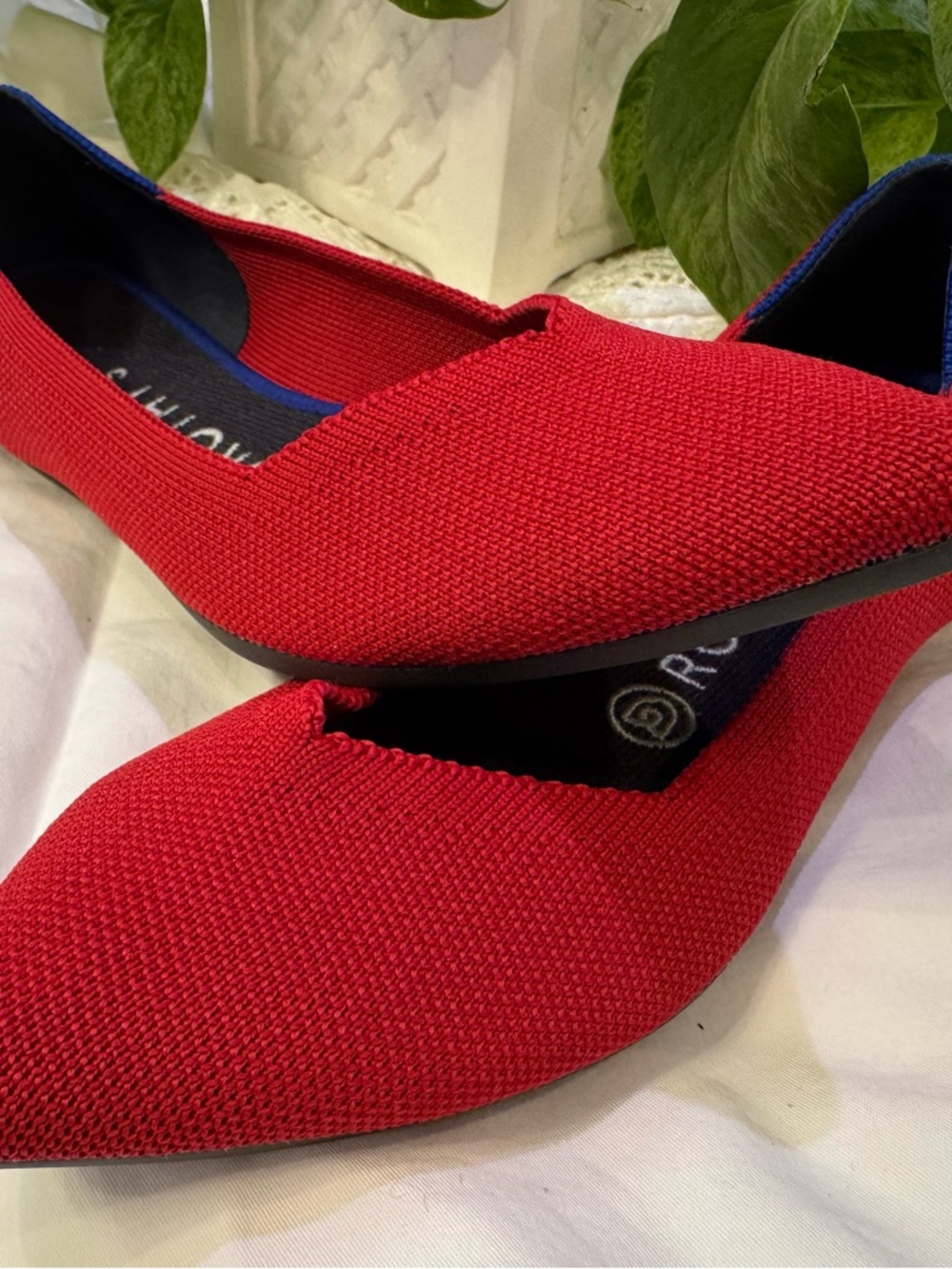 Rothy's Red Knit Pointed Ballet Flat with Navy Accents